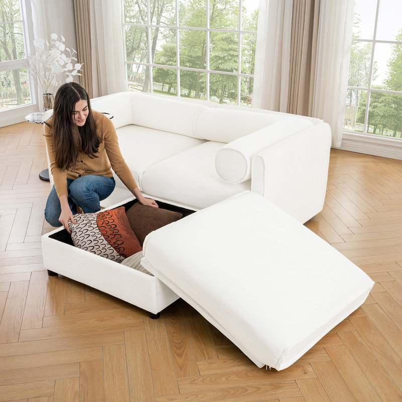 Upholstered Loveseat Sofa With Ottoman, White Chenille, 27.9" H x 75.5" W x 37.4"D