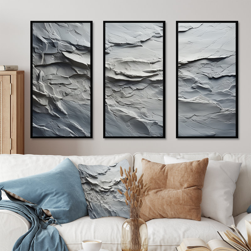 «Gray and White Stone River IV», reproduction d'art murale abstraite, H 28 po x l 36 po x P 1 po, Cadre flottant noir