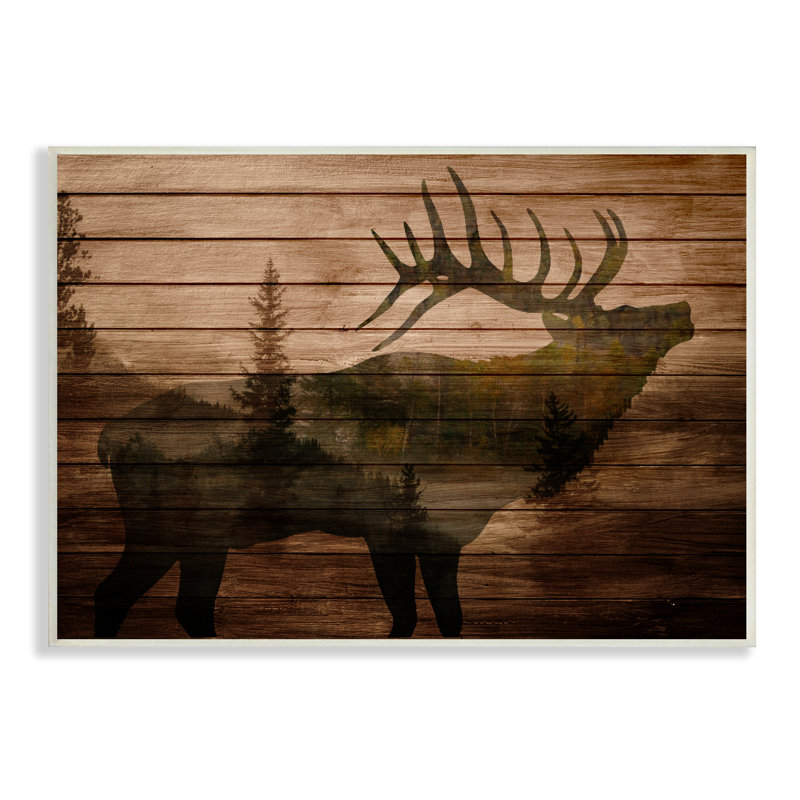 «Forest Elk Silhouette Rustic Plank» par Kim Allen - impression, H 10 po x l 15 po, Plaque murale