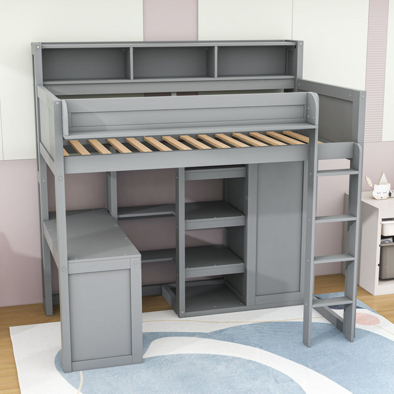 Lit mezzanine simple avec bureau intégré et tablettes, Gris