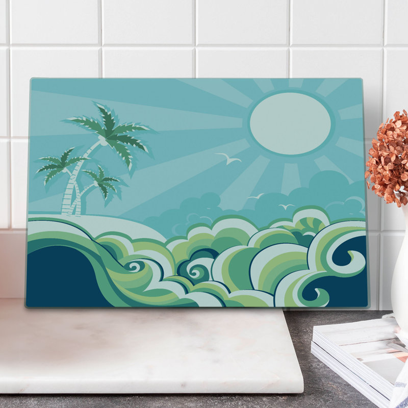 Ambesonne Tropical Cutting Board Large Size Wavy Sea Palm Trees Multicolor