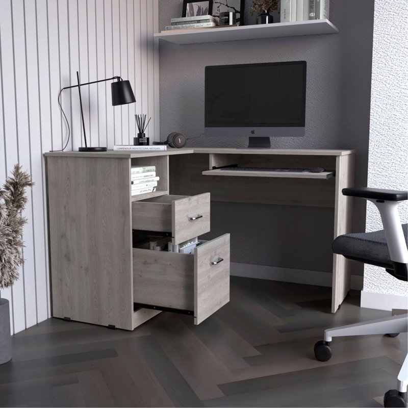 Light Gray 2-Drawer 1-Shelf L-Shaped Computer Desk, Light Gray