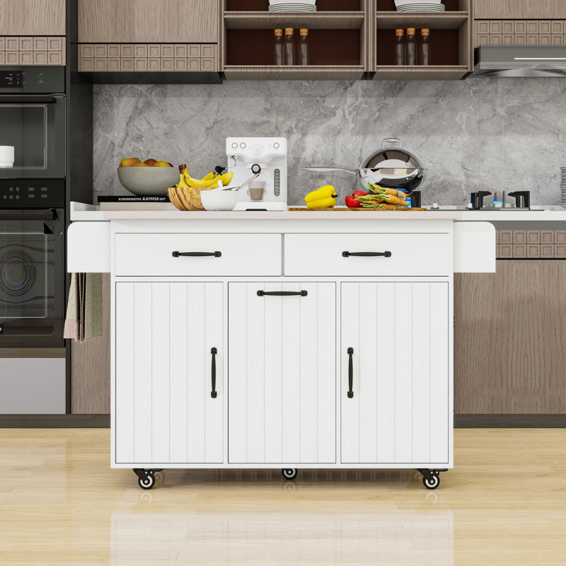 Kitchen Island Cart with Drop Leaf Countertop, Tilt-Out Trash Cabinet and 2 Drawers on Locking Wheels, White