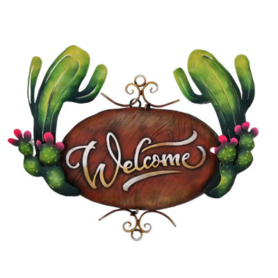 Panneau 3D "Welcome" en acier et fibre de verre encadré de figue de barbarie et de cactus Saguaro