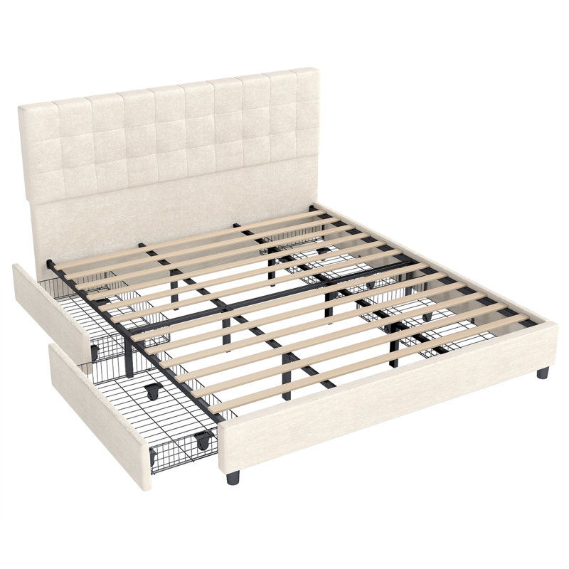 Structure de lit double avec 4 tiroirs de rangement et tête de lit tapissier, lit plateforme capitonné à canal vertical avec 12 lattes en bois - capacité de 800 lb, aucun sommier nécessaire