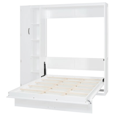Bed With Shelves, Wardrobe, And Vivid Led Lights - Space Saving For Home Gym, Office, Guest Room White Finish Wall Gym Modern Design