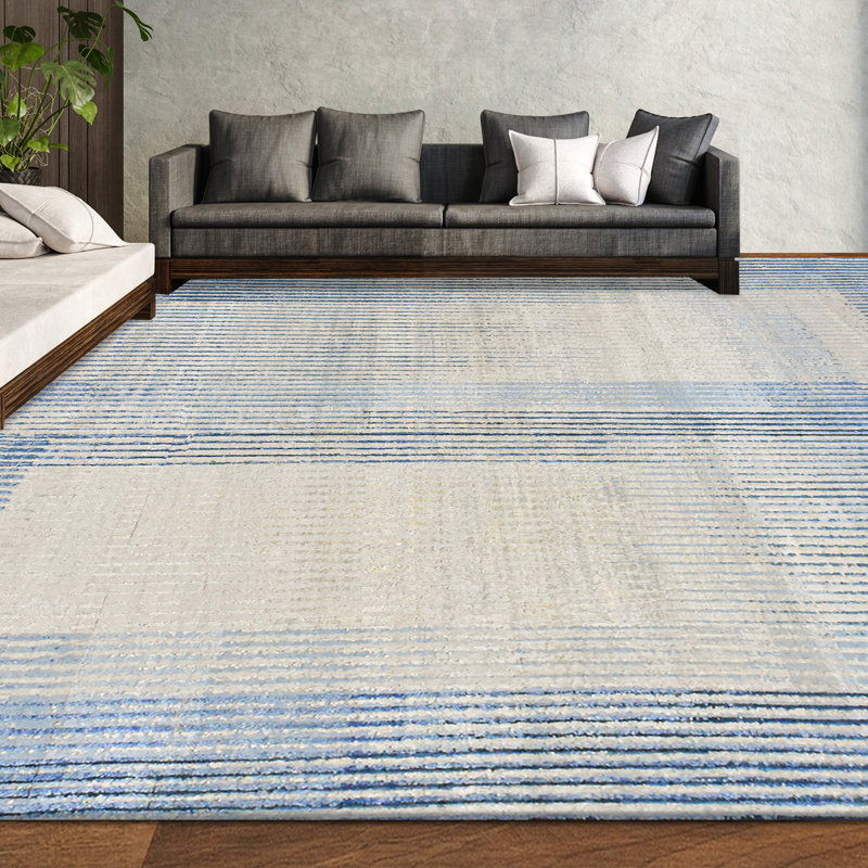 Hand Knotted Striped Area Rug in Silver/Blue, Rectangle 8' x 10'