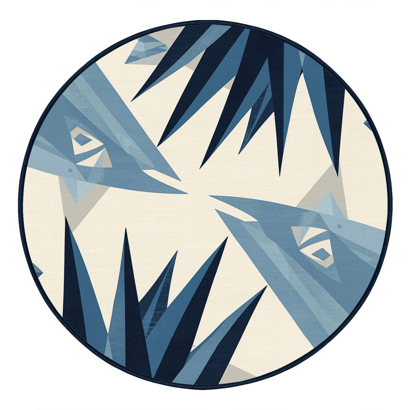 Machine Washable Ortmund Blue Agave Modern & Contemporary Geometric Shapes Rug in Beige – Navy Binding, 3' Round