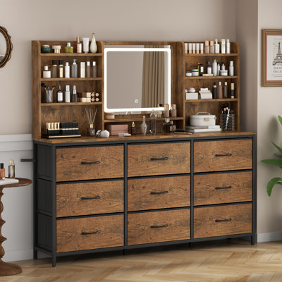 Meuble-lavabo 59 po avec miroir à DEL, table de maquillage moderne avec 9 grands tiroirs, commode avec miroir pour la chambre à coucher, commode avec tablettes de rangement, 3 modes d'éclairage, rustique