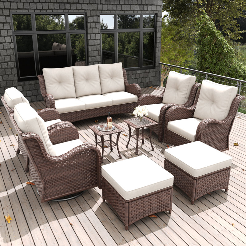 LayinSun 9 Pieces Outdoor Patio Furniture Set With Sofa And Ottoman, Beige, Brown