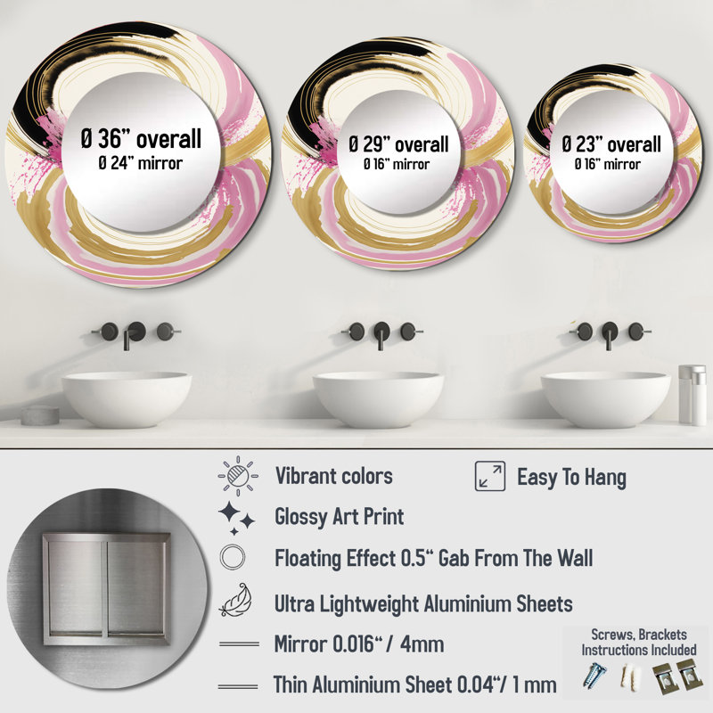 Grand miroir mural Qualee rose et doré Curves IV - marbre, miroir rond moderne unique, impression sur métal, 29 po x 29 po
