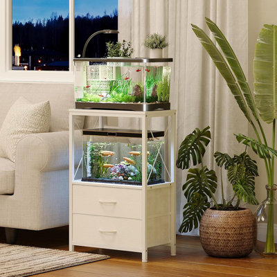10 Gallon Aquarium Stand With 2-Tier Shelf Fish Tanks Stand With 2 Drawers Metal Frame Heavy Duty Reptile Turtletank Stand With Storage