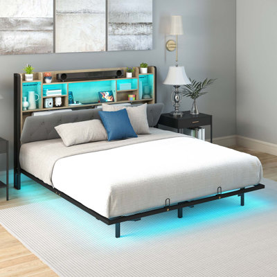  Bed Frame with Charging Station & Storage Headboard, No Box Spring Needed