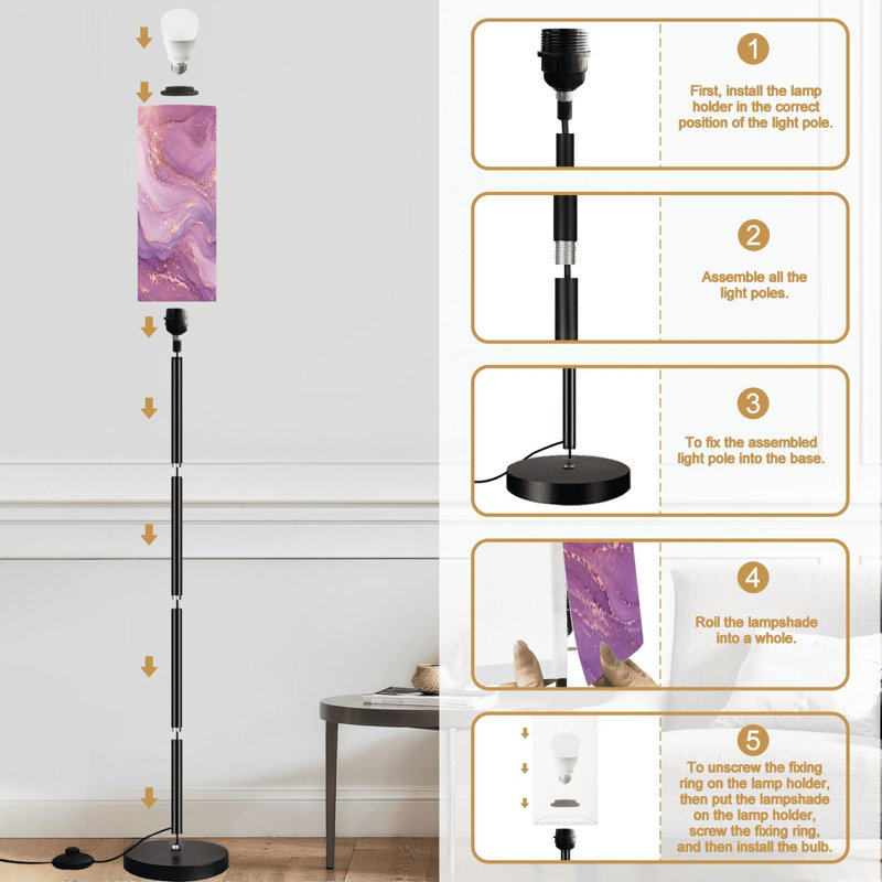 Lampe sur pied en marbre liquide, peinture artistique, poussière d'or rose, lampe sur pied à intensité variable avec télécommande, interrupteur au pied, ampoule, abat-jour, lampe sur pied pour le bureau de la chambre à coucher