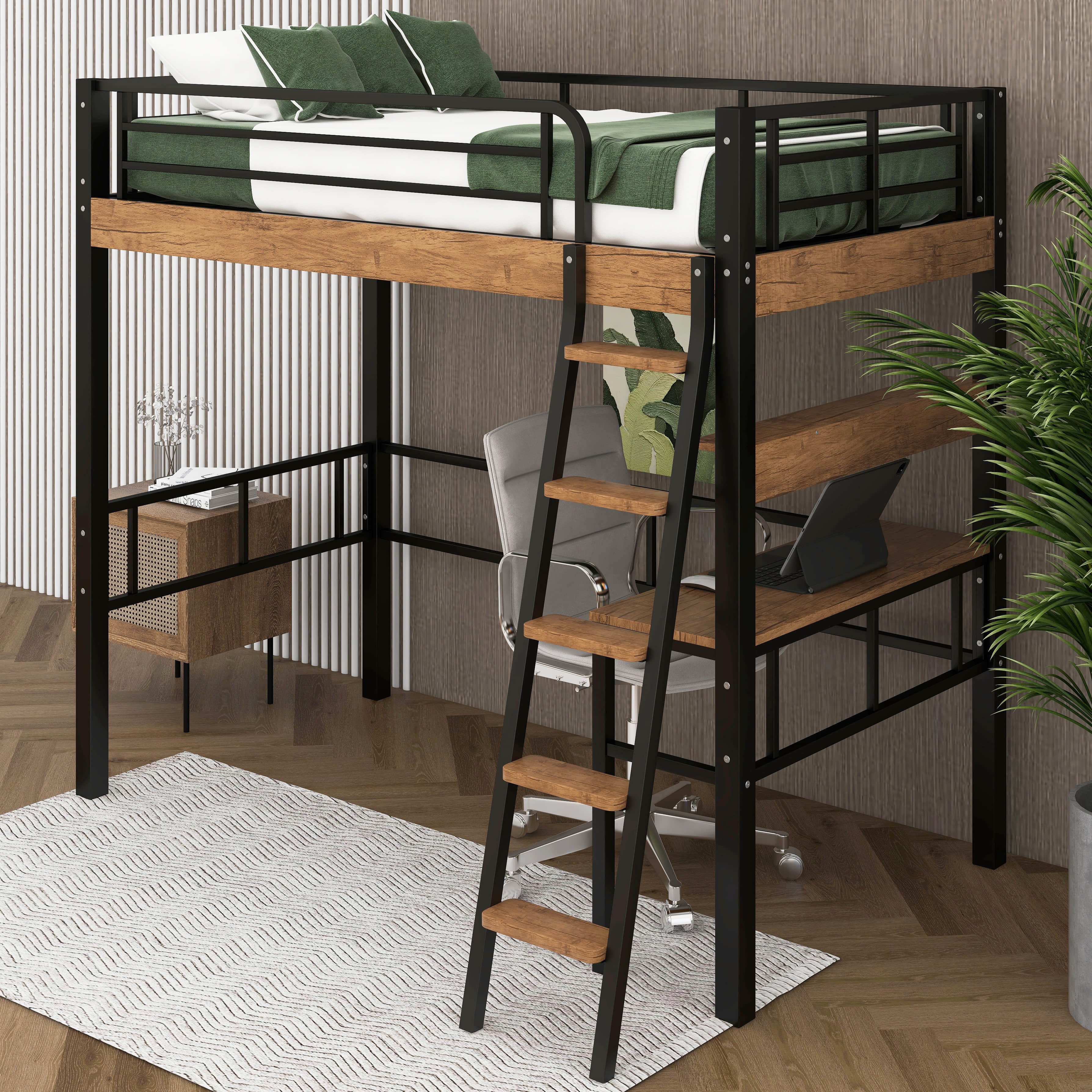 Mason & Marbles Marthvale Metal Loft Bed with Builtin Desk and Shelf