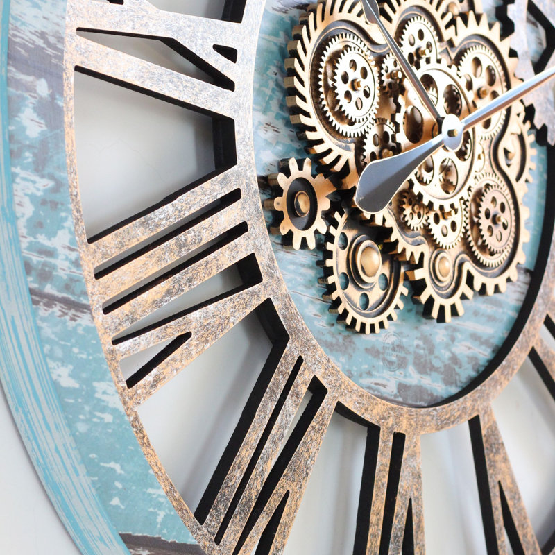 Wall Clock 36" Round Oversized for Living Room decor with Real Moving Gears America Collection, Aqua Green