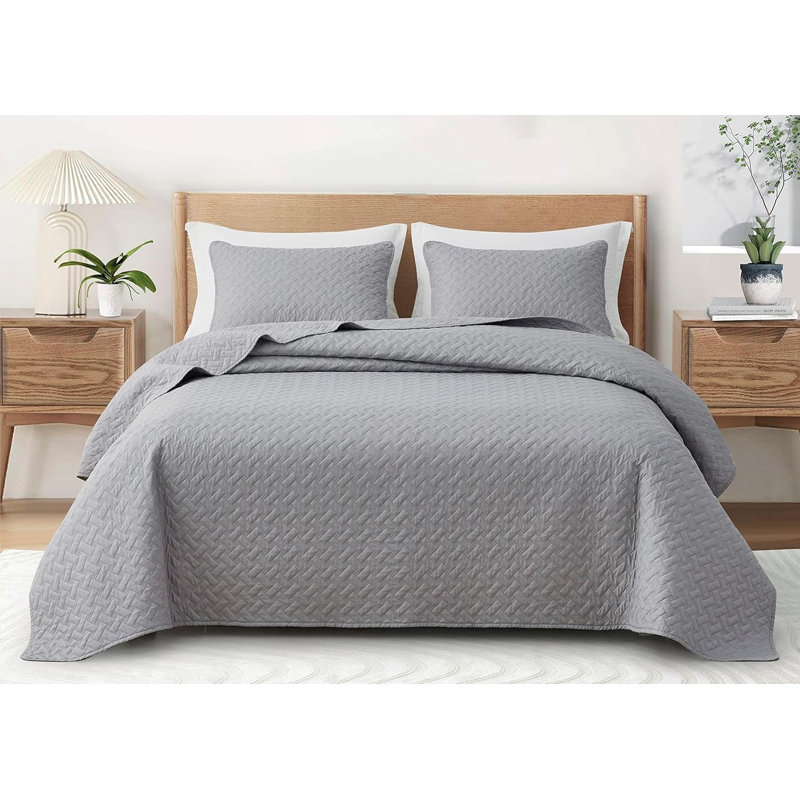 Randall Basketweave Quilted Cooling Blanket, Queen Quilt + 2 Standard Shams, Light Gray