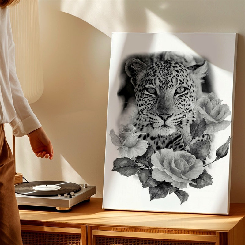 Reproduction d'art sur toile, noir et blanc, léopard avec roses, H 9 po x l 12 po