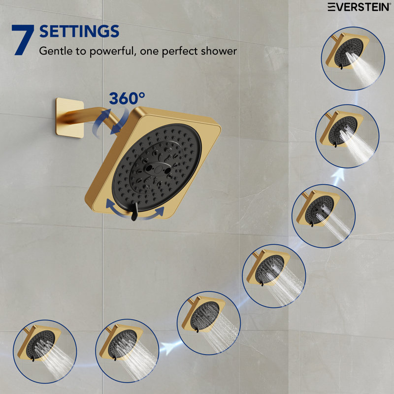 Single-Function Shower Faucet Set,7-Spray Shower Head, Shower Handle Trim Kit with Valve, Brushed Gold