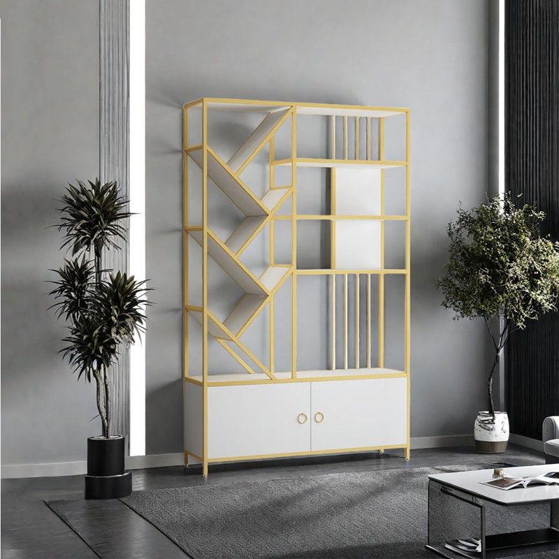 Modern light luxury style metal bookcase, (9 Shelves) 70.87"H X 39.37"W X 11.81"D, Golden/White