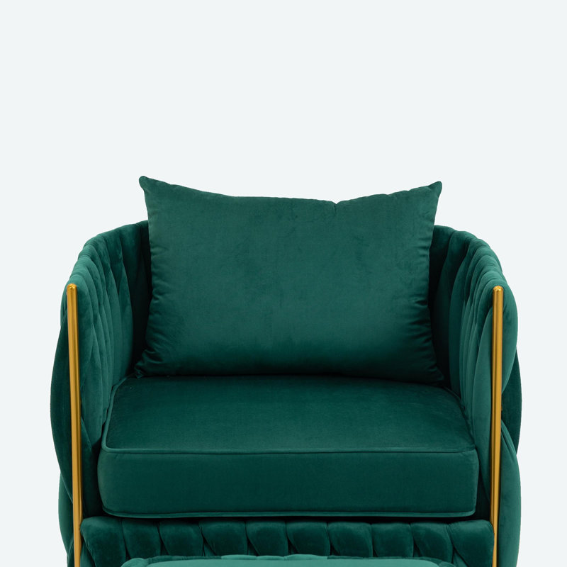 Misheel Velvet Barrel Chair with Ottoman, Emerald Polyester