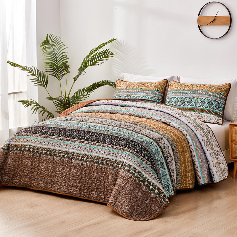 Ensemble de 3 courtepointe Boho Bohemian, Courtepointe pour lit grand + deux taies décorati, Brun