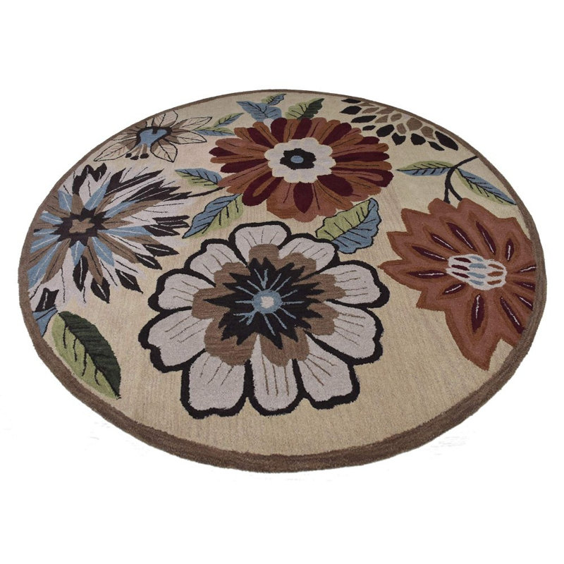 Tapis ronds en laine touffetés à la main Bogue - rond, crème, design floral moderne, tapis antidérapants faits à la main et épais pour le salon, la chambre à coucher