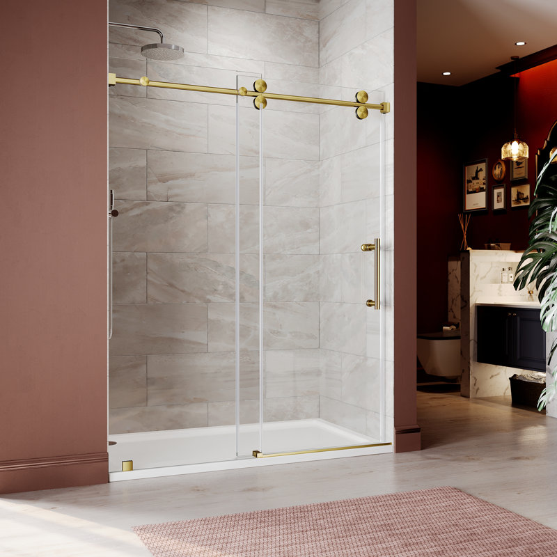 61" - 65" W x 76" H Single Sliding Frameless Shower Door, Gold