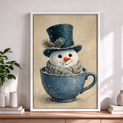 «Snowman in a Teacup», art mural sur toile encadré noir, 16 po x 24 po, décoration murale moderne pour le salon et la chambre à coucher