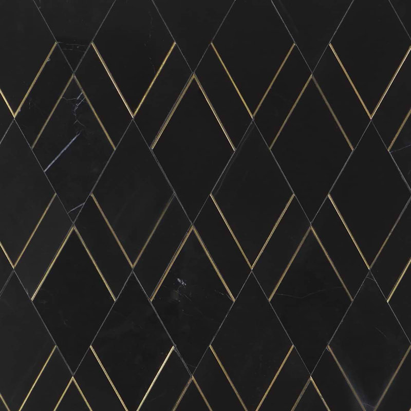 Enver Polished Marble And Brass Mosaic, Nero/Brass