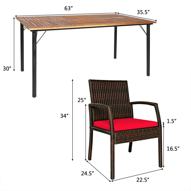 6 - Person Acacia Wicker Patio Dining Set with Rectangular Table , Cushions Included, Red