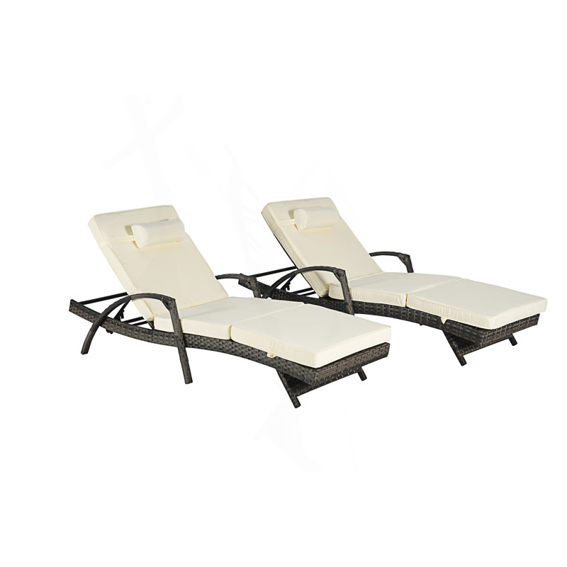 Ensemble de 2 chaises longues d'extérieur inclinables avec coussins, chaise longue inclinable à 150 ° de la plage près de la piscine