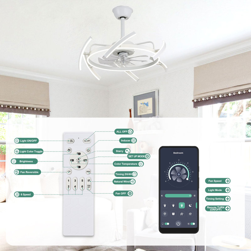 Clorene 24in. DIY Shape Ceiling Fan with Light, 6 Speeds Silent DC Motor Ceiling Fan with APP Control, White