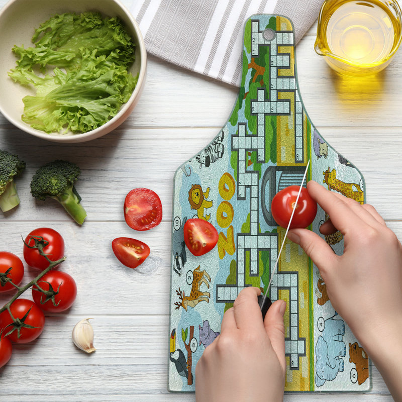 Ambesonne Word Search Game Tempered Glass Cutting Board Zoo Theme Multicolor