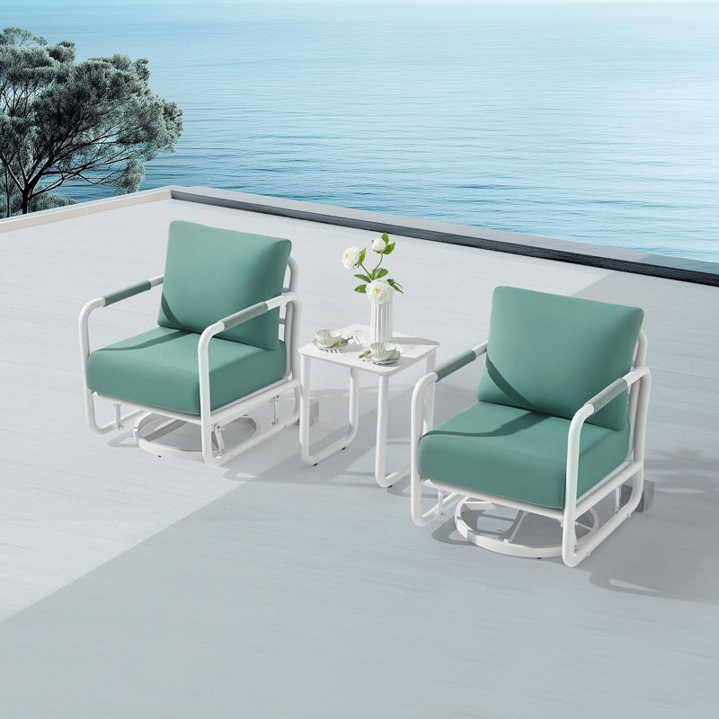MBY 3 Piece Patio Outdoor Aluminum Swivel Rocking Chair with Coffee Table and 6.7" Thickened Cushions, All Weather Outdoor Furniture Chairs for Garden, Poolside, Deck-White
