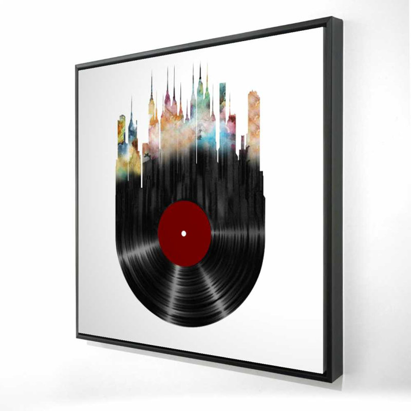 Toile moderne encadrée bleue - Ville abstraite sur disque de vinyle