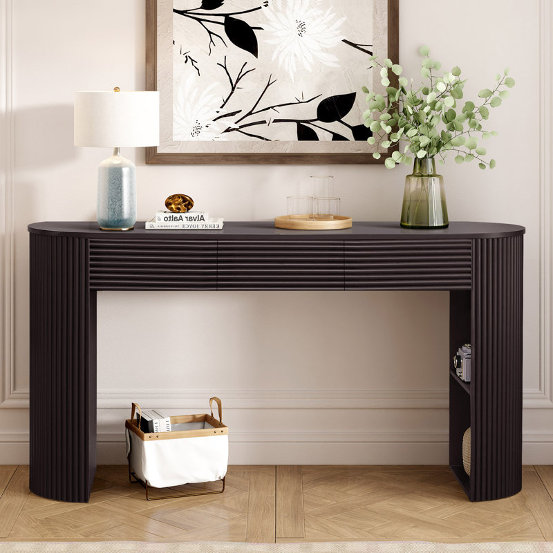 Nara Modern Japandi MDF Console Table With 3 Drawers, Fluted Detail, And Open Storage Niche, Espresso