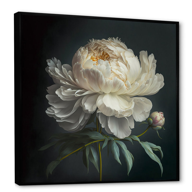 Blooming White Peony V - Art mural pivoine, H 30 po x l 30 po, Toile avec cadre flottant, Noir