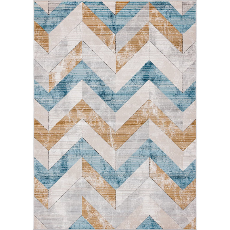  Tapis à chevrons beige / bleu, Rectangle 7 pi 1 po x 10 pi