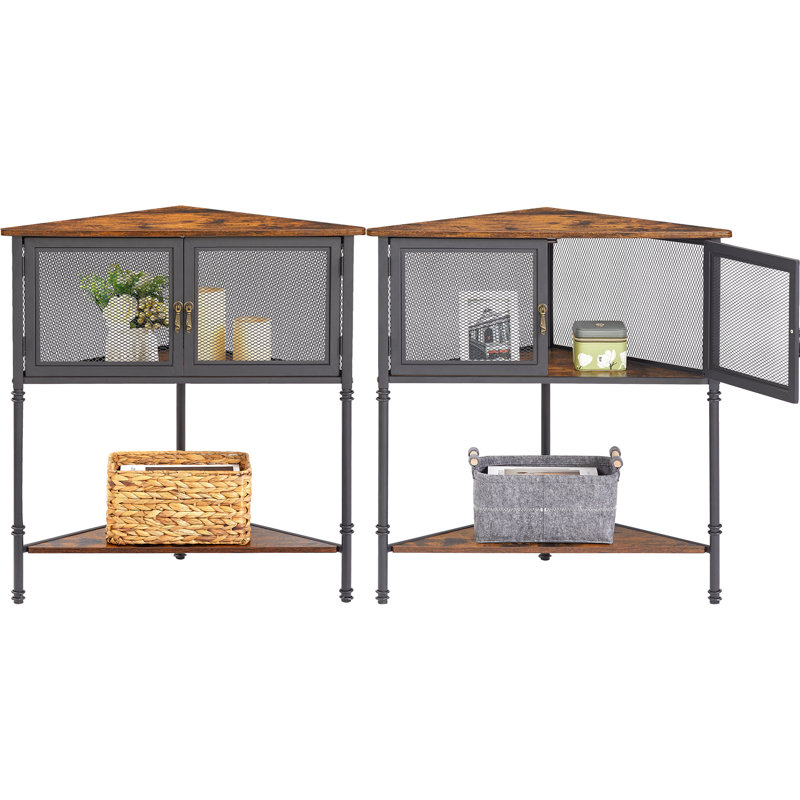 Set of 2 Corner End Tables, 2 Pack Farmhouse Corner Tables with Storage Cabinet, Industrial Triangle Side Tables Set of 2 with Mesh Doors & Shelf, Rustic Small Space Accent Tables for Living Room Bedroom