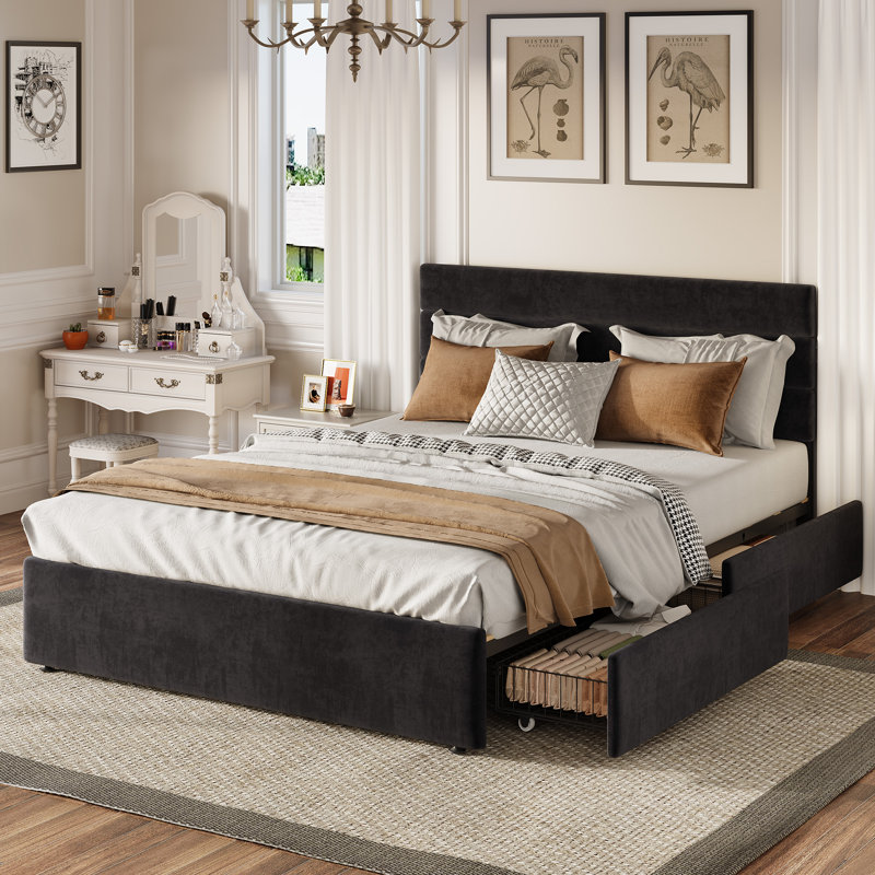 Candler Queen Bed With 4 Drawers And Headboard, Velvet Upholstered Platform Bed, Sturdy Metal & Wooden Slats Support, No Box Spring Needed, Easy Assembly