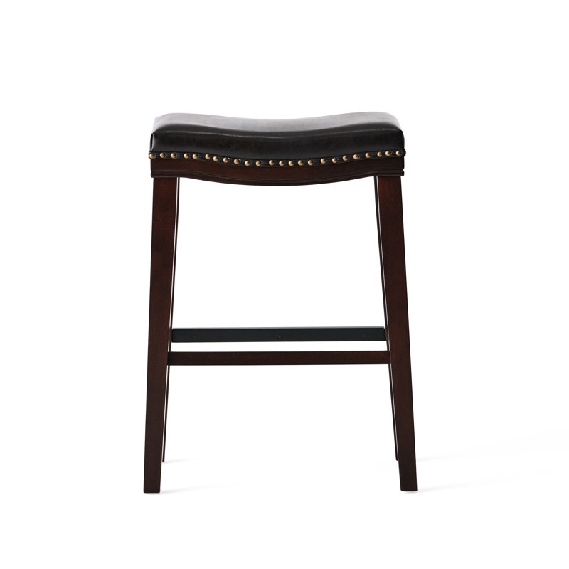 Leather Saddle Seat In Rich Brown Tone, Constructed With Tough Rubberwood Dark Brownish Hue, Made Solid