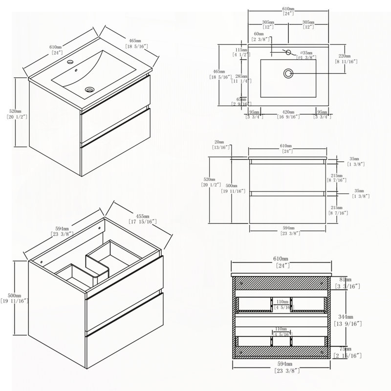 Meuble-lavabo flottant avec lavabo, Brun, 24"