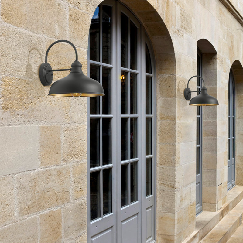 2-Pack Matte Black Gooseneck Barn Lights - Outdoor Wall Sconces with Brass Interior, Weatherproof Farmhouse Lighting for Patio, Porch & Garage