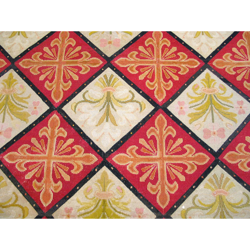 Rustic Red Antique Flatwoven Geometric French Fleur De Lis Design Needlepoint Carpet