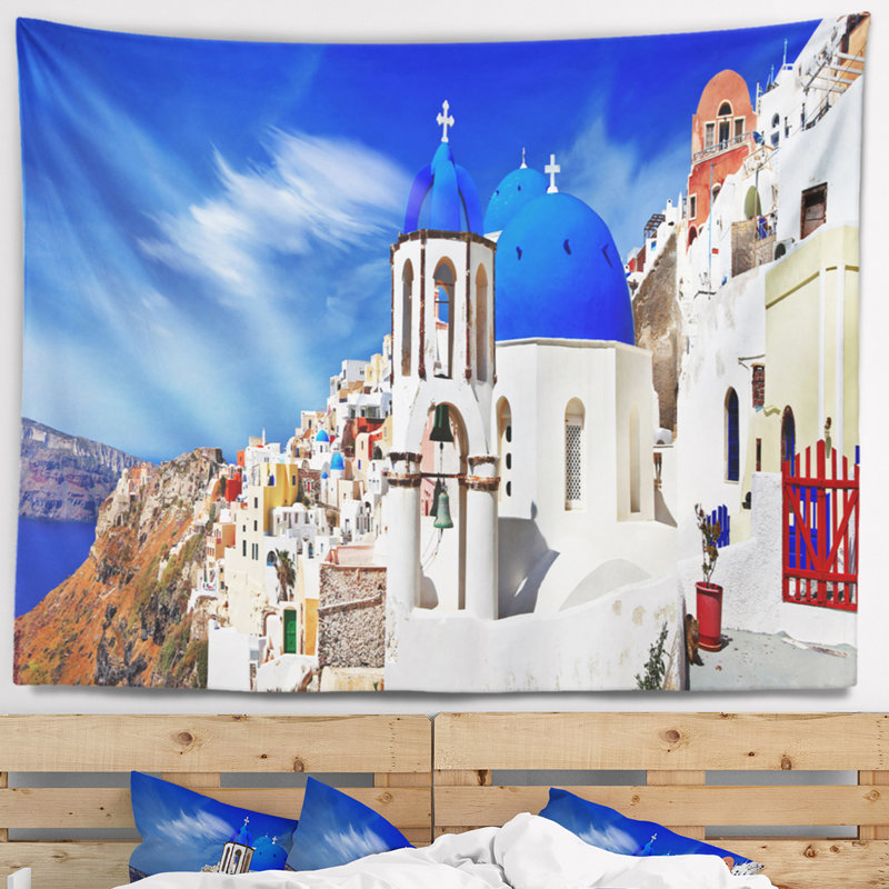 Tapisserie panorama en polyester oia village avec accessoires suspendus inclus, H 50 po x l 60 po