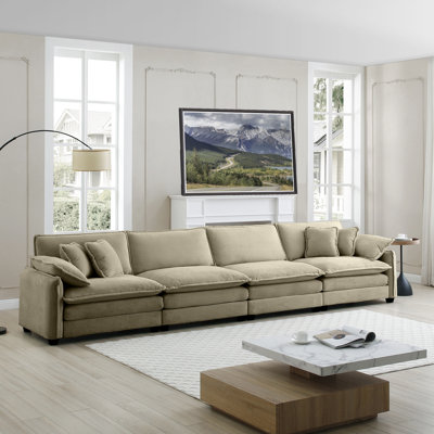 Corduroy Sofa , Modern Upholstered 4 Seater Corduroy Fabric Sofa , Office Living Room Apartment Comfortable Sofa, Easy To Assemble With 2 Arm Pillows And 4 Throw Pillows