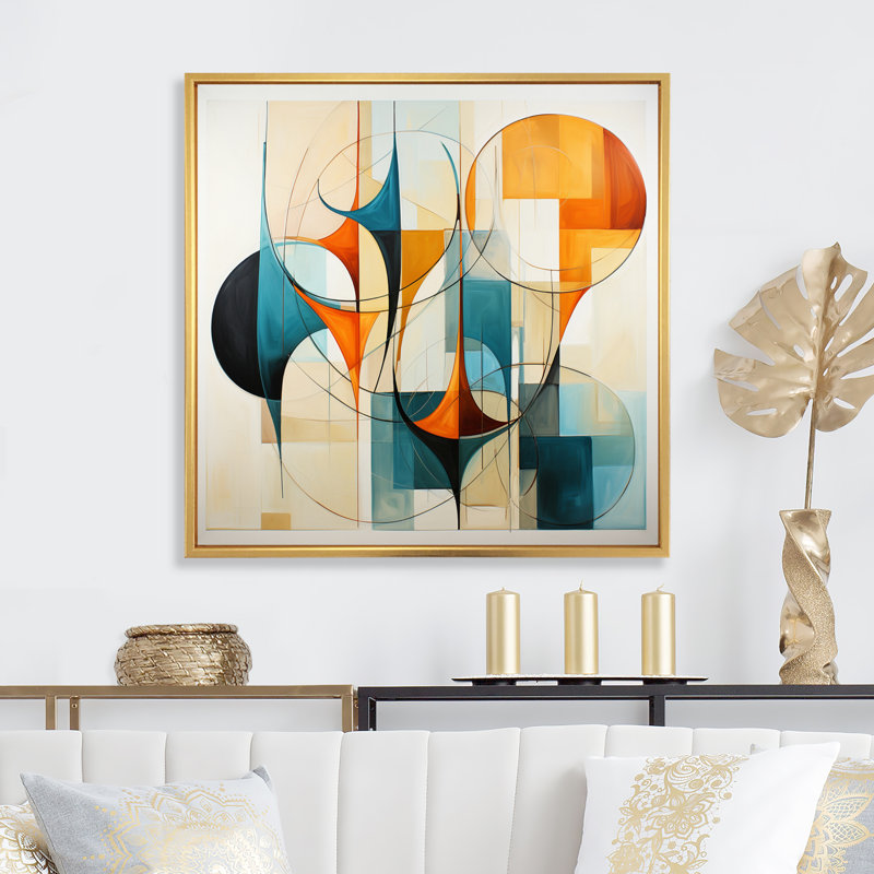 Orange orange bleu Mid Century Harmony In Geometric I - Art abstrait Mid-Century, H 16 po x l 16 po, Doré