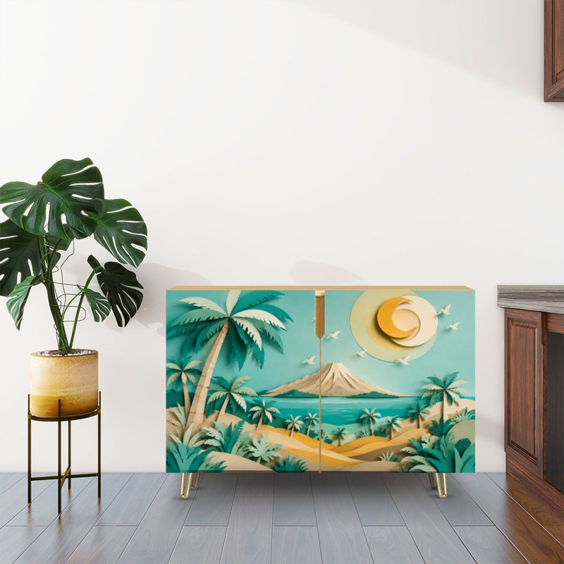 Buffet Buffet avec rangement Papier tropical, paysage, palmiers, océan, fond de montagne avec 2 portes pour le salon et la cuisine