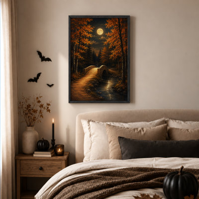 Pont en arche de pierre au clair de lune dans une forêt d'automne - Toile murale d'Halloween